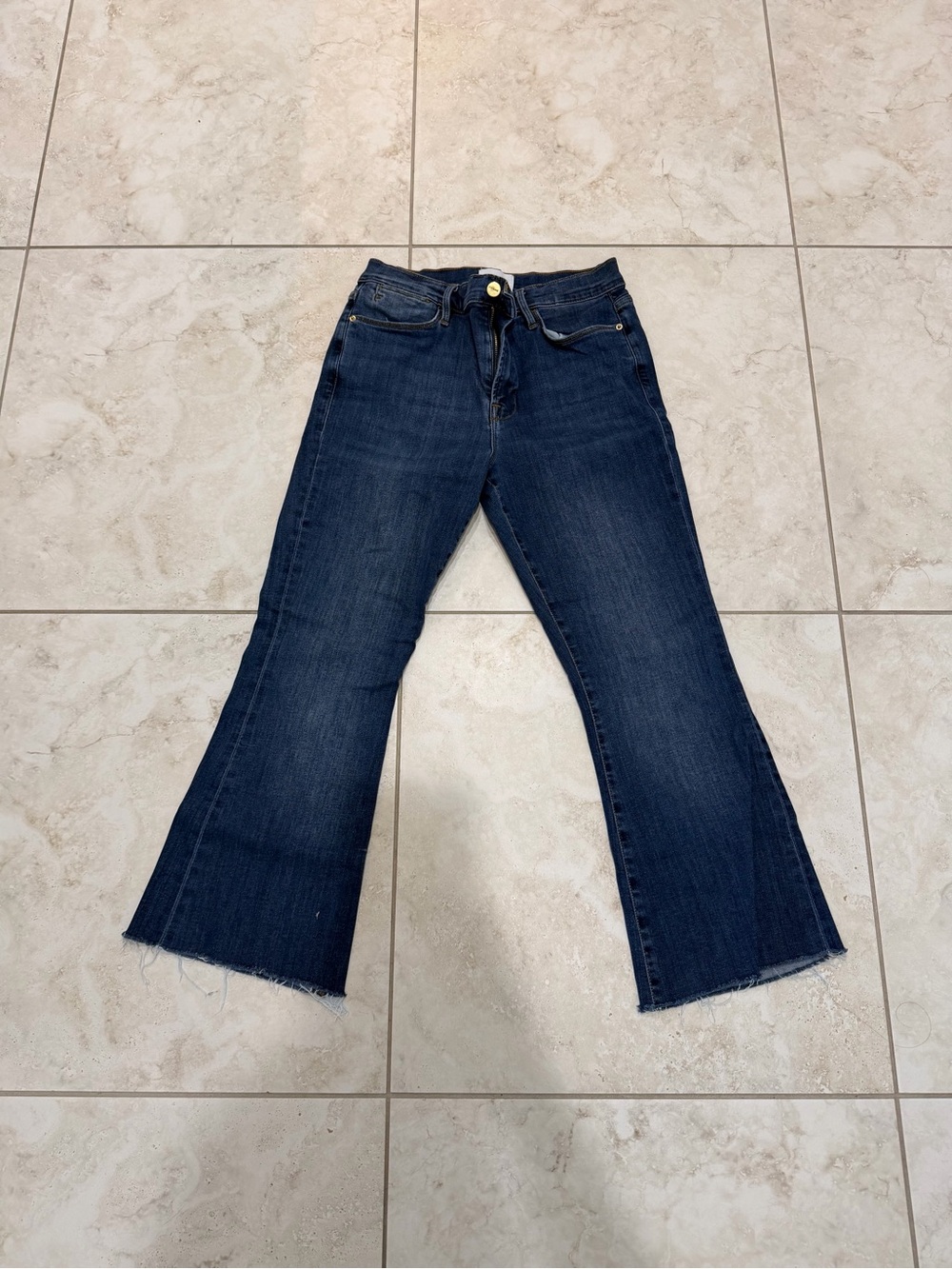 Frame Le High Rise Denim Dark Blue Flare Jeans with Raw Hem